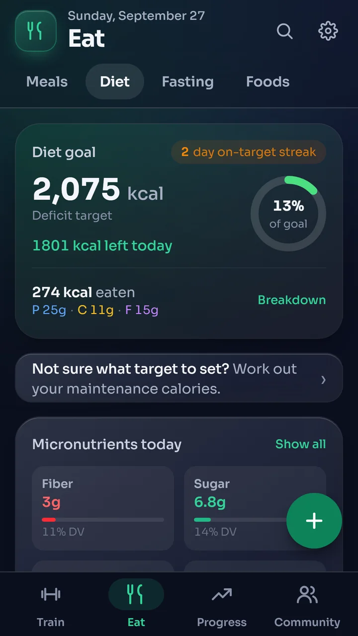 The diet goal screen with calories left today and a micronutrients breakdown