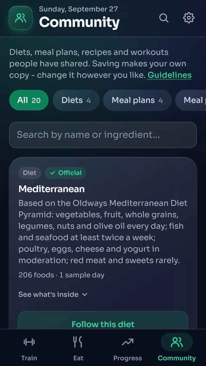 Community: shared diets and meal plans, with the official Mediterranean diet at the top