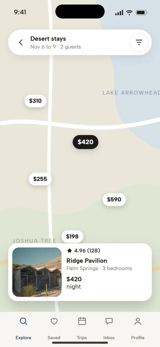 Hearth, a concept travel app with a map of stays and nightly prices