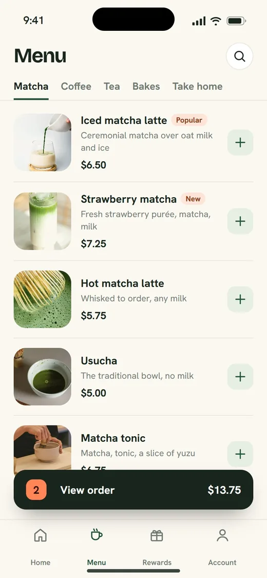 Steep, a concept cafe ordering app, showing the menu