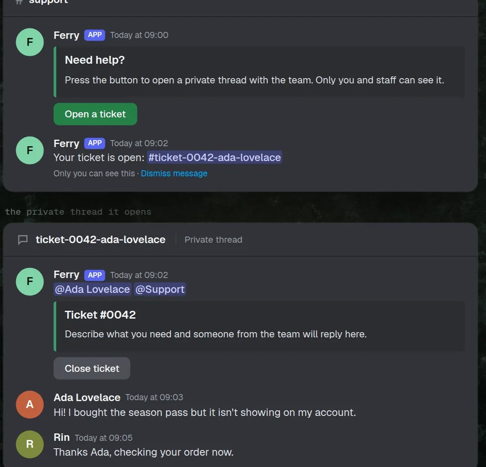 Ferry's ticket system on Discord: a button opens a private thread with staff