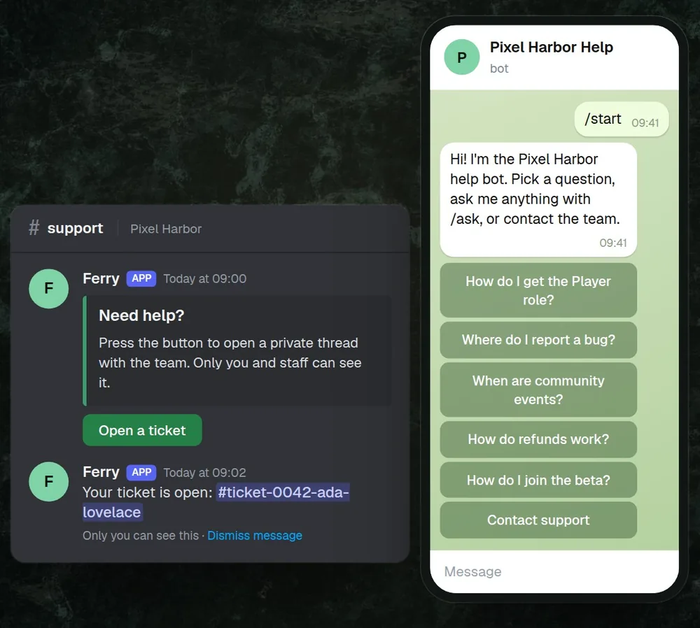 Ferry, a concept support bot answering on Discord and Telegram