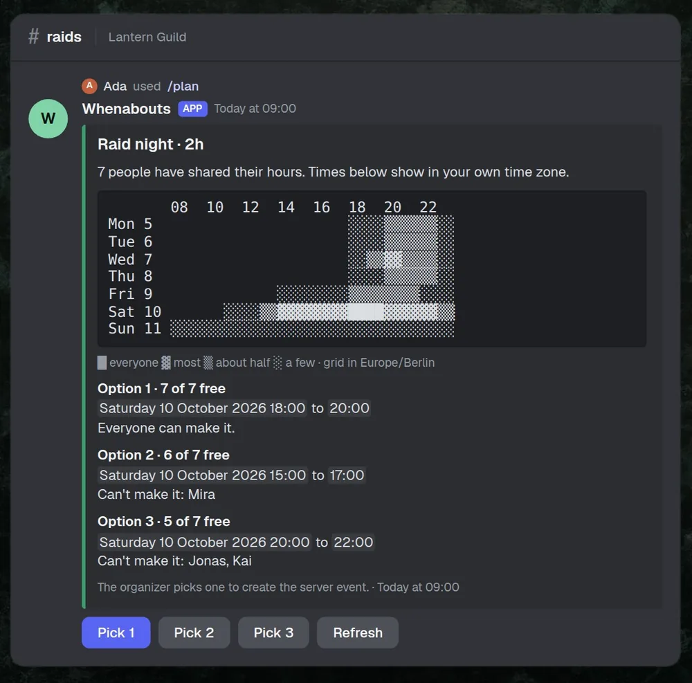 Whenabouts, a concept Discord bot that finds the best meeting time across time zones