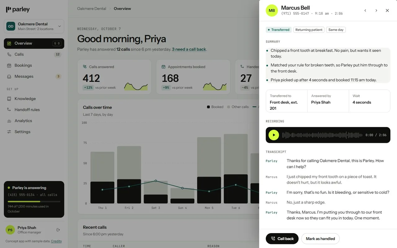 Parley, a concept SaaS dashboard with a calls chart and a call transcript