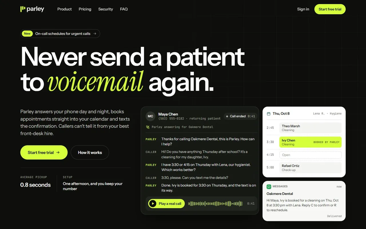 Parley's home page, a concept AI phone receptionist site