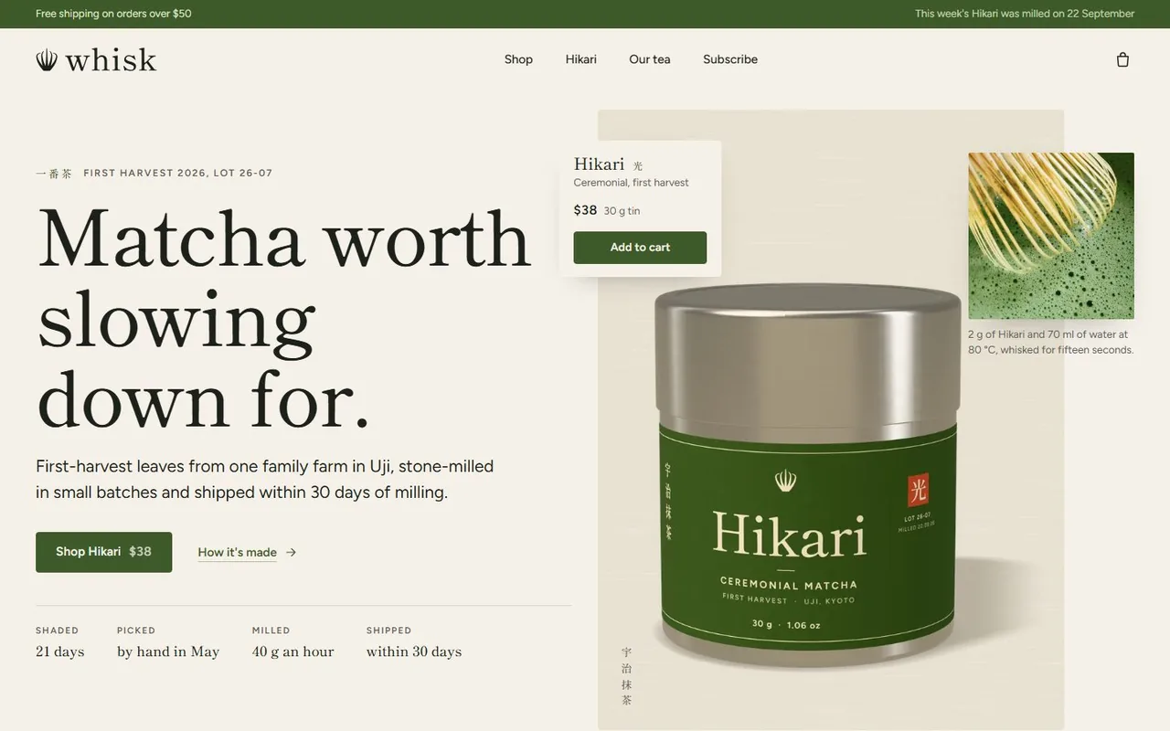 Whisk's home page, a matcha store with a tin of ceremonial matcha
